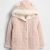 Baby-Strickjacke mit Zopfmuster und Bärenmotiv, Sherpa-Futter