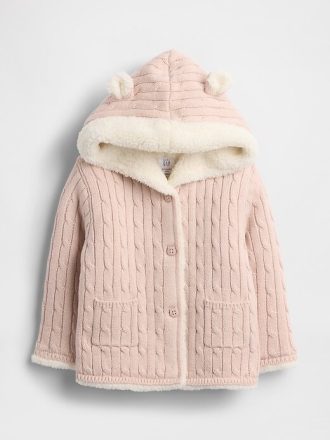 Baby-Strickjacke mit Zopfmuster und Bärenmotiv, Sherpa-Futter