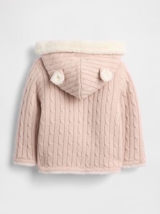 Baby-Strickjacke mit Zopfmuster und Bärenmotiv, Sherpa-Futter