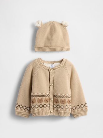 Baby-Strickjacke-Pullover-Set mit Bärenmotiv und Sherpa-Futter