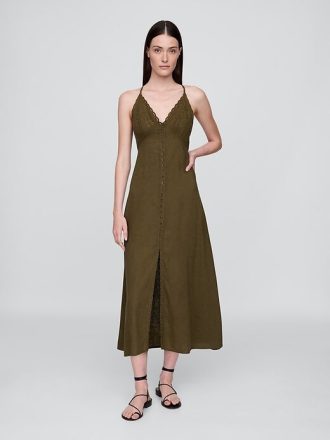 Besticktes Neckholder-Maxikleid aus Leinenmischung