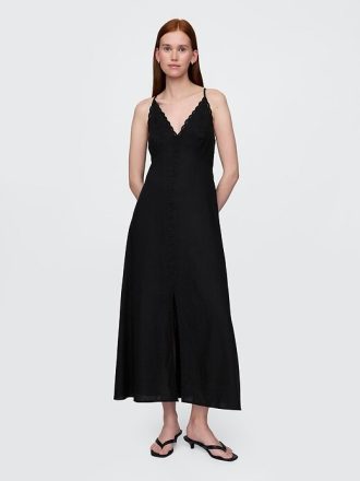 Besticktes Neckholder-Maxikleid aus Leinenmischung