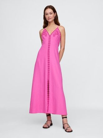 Besticktes Neckholder-Maxikleid aus Leinenmischung