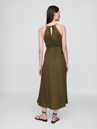Besticktes Neckholder-Maxikleid aus Leinenmischung