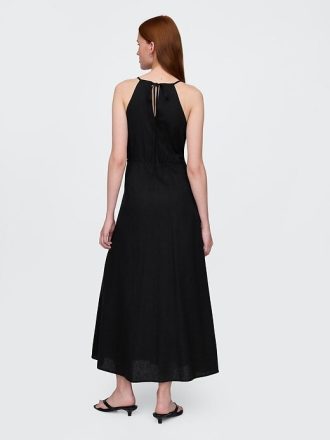 Besticktes Neckholder-Maxikleid aus Leinenmischung