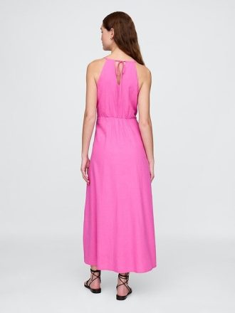 Besticktes Neckholder-Maxikleid aus Leinenmischung