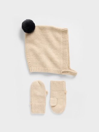 CashSoft Set aus Mütze und Fäustlingen mit Bommeln für Babys und Kleinkinder