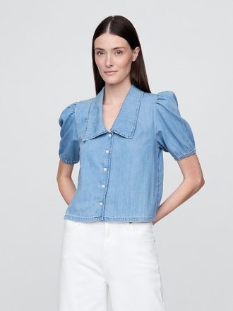 Denim-Hemd mit Puffärmeln und Kragen