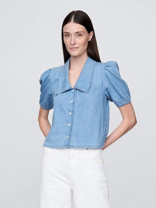 Denim-Hemd mit Puffärmeln und Kragen Denim-Hemd mit Puffärmeln und Kragen