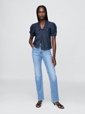 Denim-Hemd mit Puffärmeln und Kragen