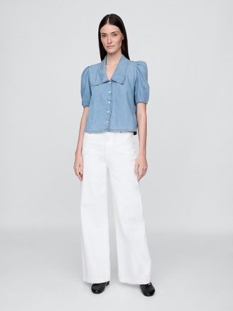 Denim-Hemd mit Puffärmeln und Kragen