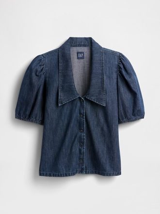 Denim-Hemd mit Puffärmeln und Kragen