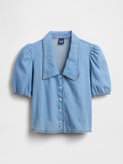 Denim-Hemd mit Puffärmeln und Kragen Denim-Hemd mit Puffärmeln und Kragen