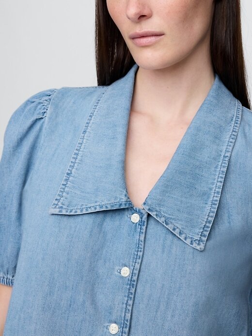 Denim-Hemd mit Puffärmeln und Kragen Denim-Hemd mit Puffärmeln und Kragen