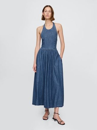 Denim-Maxikleid mit Neckholder und Bindeband hinten
