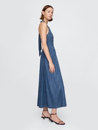 Denim-Maxikleid mit Neckholder und Bindeband hinten