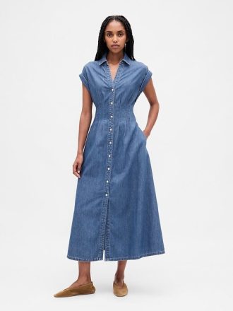 Denim-Midi-Hemdkleid mit Rollkragen