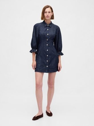 Denim-Minikleid mit Puffärmeln und Nähten