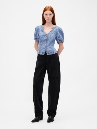 Denim-Top mit Puffärmeln und Nähten