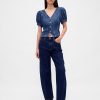 Denim-Top mit Puffärmeln und Nähten Denim-Top mit Puffärmeln und Nähten