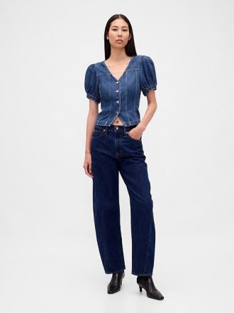 Denim-Top mit Puffärmeln und Nähten