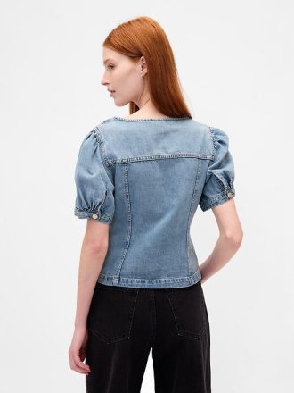 Denim-Top mit Puffärmeln und Nähten
