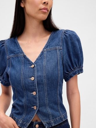Denim-Top mit Puffärmeln und Nähten