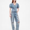 Denim-Top mit Puffärmeln und Nähten Denim-Top mit Puffärmeln und Nähten