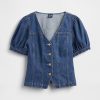 Denim-Top mit Puffärmeln und Nähten Denim-Top mit Puffärmeln und Nähten