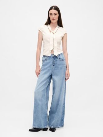 Denim-Top mit Schluppenkragen