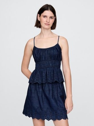 Gesmoktes Denim-Camisole mit Ösen