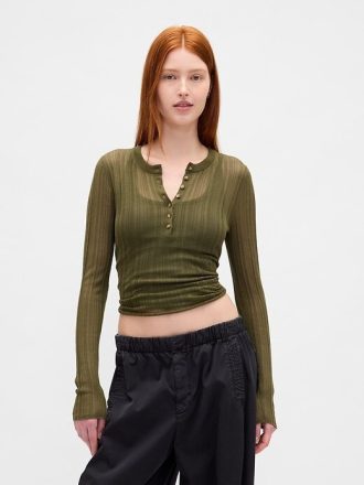 Henley-Pullover mit transparentem Rippenmuster