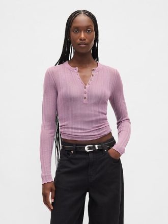 Henley-Pullover mit transparentem Rippenmuster