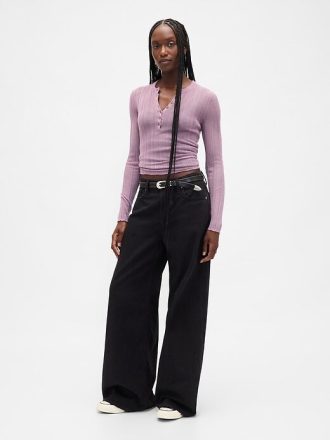 Henley-Pullover mit transparentem Rippenmuster