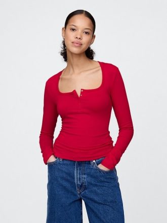 Henley-T-Shirt aus Jersey mit dichtem Strickmuster