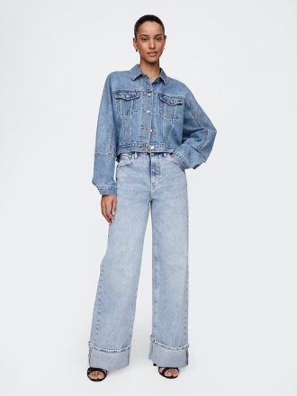 High Rise Stride Jeans mit weitem Bein und Umschlag
