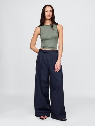 High Rise Twill Plissee Weites Bein Khakis