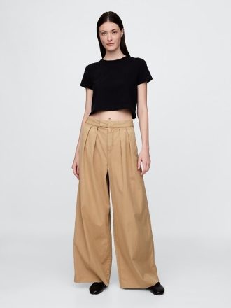 High Rise Twill Plissee Weites Bein Khakis