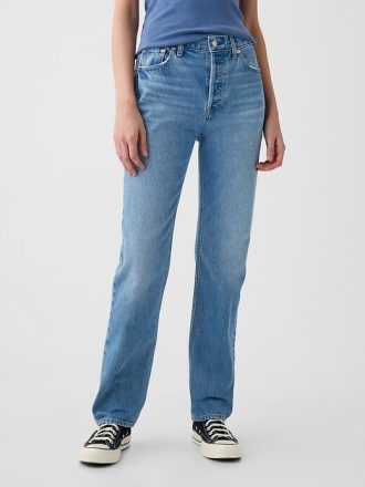 Hoch sitzende, steife Straight-Jeans im Stil der 90er