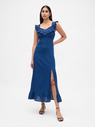 Indigoblaues Maxikleid mit Rüschenbesatz