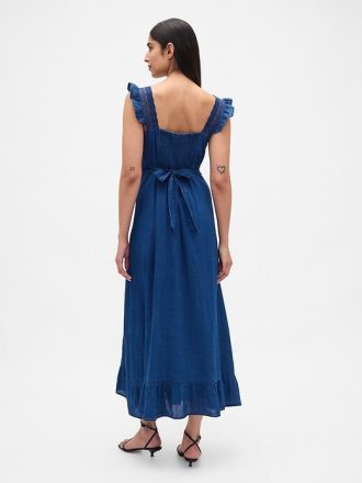 Indigoblaues Maxikleid mit Rüschenbesatz