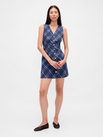 Kariertes Denim-Minikleid mit V-Ausschnitt