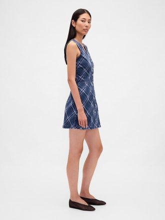 Kariertes Denim-Minikleid mit V-Ausschnitt