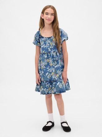 Kinder Denim-Kleid mit Puffärmeln und Blumenmuster