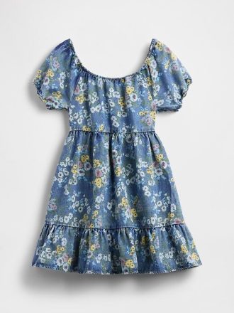 Kinder Denim-Kleid mit Puffärmeln und Blumenmuster