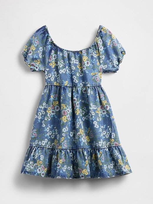 Kinder Denim-Kleid mit Puffärmeln und Blumenmuster Kinder Denim-Kleid mit Puffärmeln und Blumenmuster