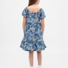 Kinder Denim-Kleid mit Puffärmeln und Blumenmuster Kinder Denim-Kleid mit Puffärmeln und Blumenmuster