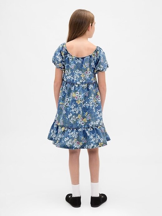Kinder Denim-Kleid mit Puffärmeln und Blumenmuster Kinder Denim-Kleid mit Puffärmeln und Blumenmuster