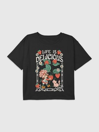 Kinder Erdbeer-Shortcake „Life Is Delicious“ Grafik-Boxy-Crop-T-Shirt