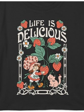 Kinder Erdbeer-Shortcake „Life Is Delicious“ Grafik-Boxy-Crop-T-Shirt